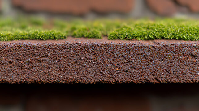 Close-up shot of vibrant green moss sprouting atop a textured brick surface, illustrating nature reclaiming architecture in a simple yet striking composition.