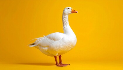 Obraz premium White goose with orange beak and legs on bright yellow background for editorial wildlife photography minimalist design and poetic contrast-themed visuals