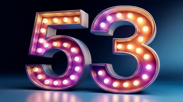 Illuminated number 53 in bright lights on dark background