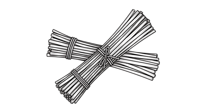 Two Bundles of Thin Dry Straw Tied with Twine in a Cross Shape, isolated on a white or transparent background, cutout, PNG