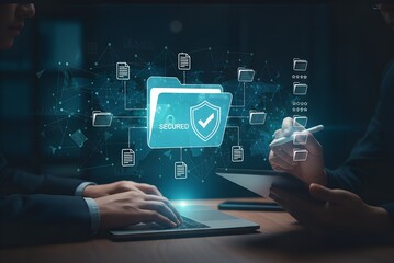 Cybersecurity data protection concept. Secured digital folder with checkmark shield icon. Cloud document storage encryption, safe online file management system, and confidential information security t