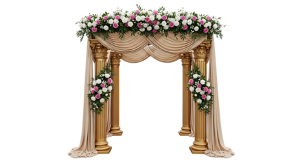 Ornate golden wedding arch with draped fabric and floral arrangements of pink and white roses, isolated on a white or transparent background, cutout, PNG