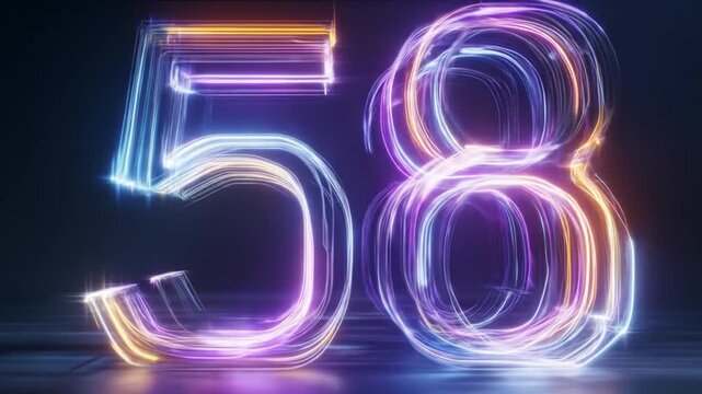Neon number 58 against dark background representing quantity and value