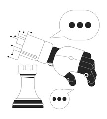Robot chess strategy communication 2D line objects set. AI robotics with rook chessman, chat bubbles messaging isolated cliparts vector ink outline items. Monochrome spot illustrations collection