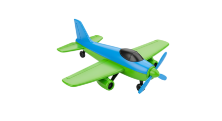 Bright blue and green toy airplane with propeller and cockpit, isolated on a white or transparent background, cutout, PNG