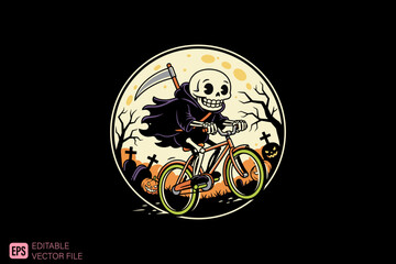 Grim Reaper Skeleton Riding Bicycle Halloween Night.