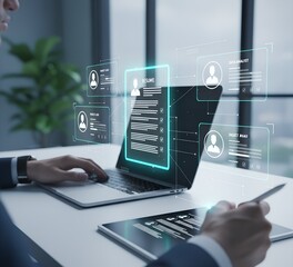 Futuristic digital resume screening interface with recruiter using laptop and tablet for online hiring and data analysis. HR technology, recruitment system, job candidate evaluation, and business 
