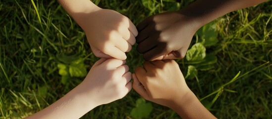 Unity and diversity four children hands clasped together in harmony
