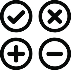 Oval Button Icons Set  Check Mark, Cross, Plus, and Minus Symbols