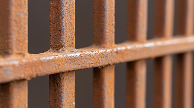 Captivating closeup of weathered iron bars showcasing intricate rust patterns against a blurred background, evoking themes of age, decay, and resilience.