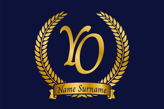 Initial letter Y and O, YO monogram logo design with laurel wreath. Luxury golden calligraphy font.