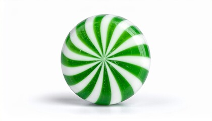 Peppermint swirl candy with green white red pattern and mint leaf on white background for editorial culinary photography festive design and poetic flavor-themed visuals