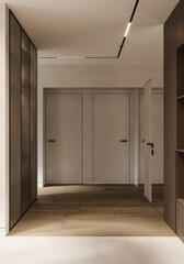 Minimalist hallway interior with wooden flooring, white walls, and soft ceiling lighting in modern apartment design.