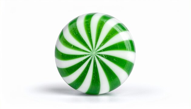 Peppermint swirl candy with green white red pattern and mint leaf on white background for editorial culinary photography festive design and poetic flavor-themed visuals