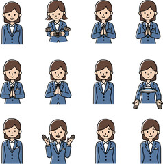 Create a kind of deferent Simple vector icon illustration set material of a young woman wearing a suit vector art with white background..