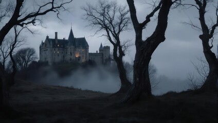 Naklejka premium Eerie Castle Silhouette Amidst Foggy Landscape and Bare Trees.