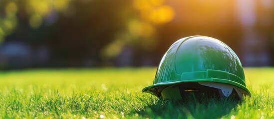 Green hard hat resting on grassy field symbolizing environmental safety