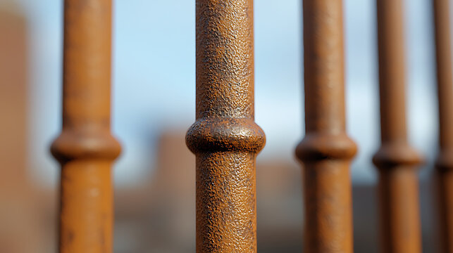 A close-up shot showcasing the texture and form of aged metal bars. The warm tones, visible weathering, and blurred backdrop add depth and historical allure to the composition.
