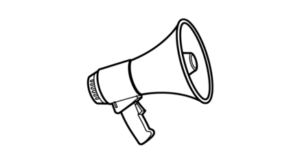 White outline of a megaphone with a handle and speaker, isolated on a white or transparent background, cutout, PNG