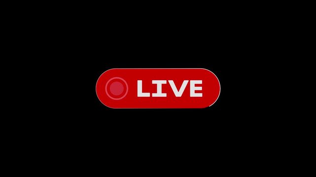 Red button live streaming icon animation with alpha channel, Animated red button live streaming with transparent background. 4k simple live streaming icon animation. Animated live streaming broadcast	
