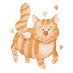 Cute watercolor cupid cat illustration with hearts and wings, Valentine kitten clipart