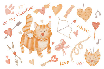 Cute watercolor Valentine cat cupid illustration set with hearts and love elements