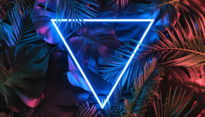 Vibrant tropical leaves glow with a modern neon triangle, perfect for a trendy tech background or eye-catching summer promotions and captivating social media posts