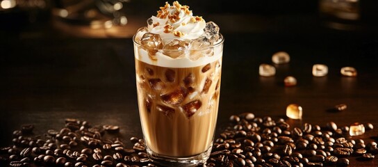 Iced Coffee Delight, A Refreshing Brew with Cream, Caramel, and Coffee Beans
