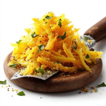 Grated Bottarga with Herbs on Wooden Board and Grater Close Up