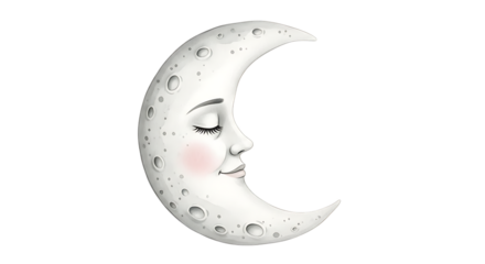Whimsical Crescent Moon Face with Closed Eyes and Rosy Cheeks, isolated on a white or transparent background, cutout, PNG