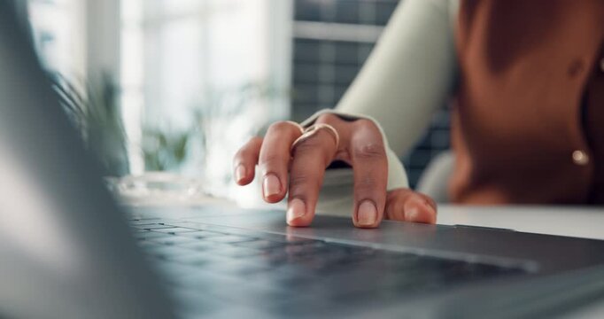 Woman, hands or scroll in office with laptop for sustainability report, esg policy info or research. Female person, computer or keyboard for environmental compliance audit, risk management or review.