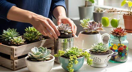 Person arranging succulents in various containers, indoor gardening scene.