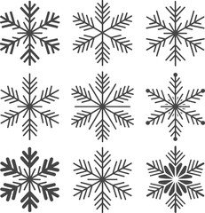 Black snowflakes collection, vector illustration. Minimalist design, winter season set. Isolated objects, transparent background