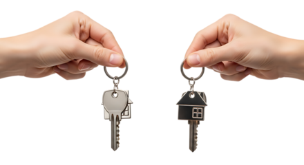 Two hands holding house shaped keychains with keys against a dark background, isolated on a white or transparent background, cutout, PNG