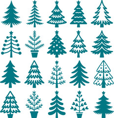 Obraz premium Christmas tree collection, vector illustration. Minimalist design, winter season set. Isolated objects, transparent background
