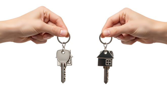 Two hands holding house shaped keychains with keys against a dark background, isolated on a white or transparent background, cutout, PNG