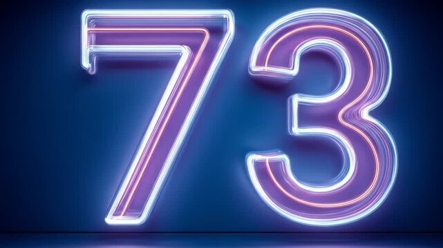 Neon number seventy three against a dark background glowing numeral