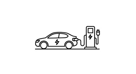White outline electric car charging at a station with lightning bolt symbols, isolated on a white or transparent background, cutout, PNG