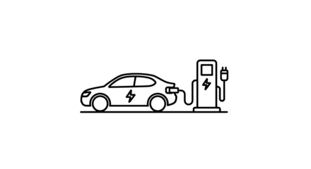 White outline electric car charging at a station with lightning bolt symbols, isolated on a white or transparent background, cutout, PNG