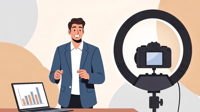 Young man recording a video blog with a ring light and laptop, sharing business insights and engaging with his online audience, vector illustration