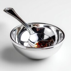 Elegant Silver Bowl with Spoon and Dark Sauce on White Background