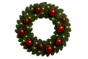 Christmas wreath decorating door, evergreen fir branches with red baubles and glowing lights on transparent
