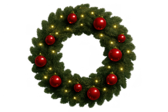 Christmas wreath decorating door, evergreen fir branches with red baubles and glowing lights on transparent