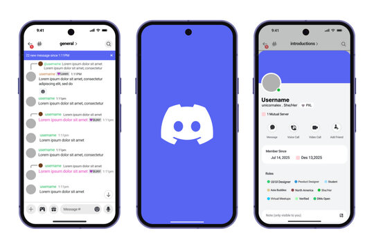 Discord app mockup. Discord mobile UI design. Discord chat and profile interface layout for iPhone