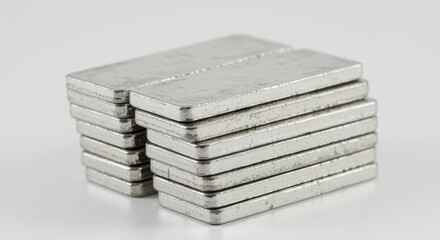 Shiny silver metal ingots stacked in two neat piles on a clean white background for industrial manufacturing and investment concepts