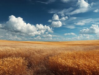 Obraz premium Expansive Golden Wheat Field Under Vibrant Blue Sky With Scattered White Clouds, Rural Agricultural Landscape, Summer Harvest Scenery, Open Farmland