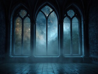 Fototapeta premium Gothic Interior Archway Windows Night Sky Stars Mystical Glow Foggy Atmosphere Ethereal Light Historic Architecture Grand Hall