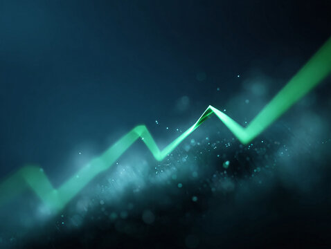 Dynamic image of a glowing green graph line trending upwards against a dark backdrop. Represents growth, success, progress, and positive trends. Ideal for finance, business, and technology themes.