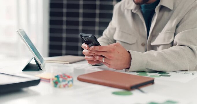 Hands, phone and solar energy with business man at desk in office for eco friendly development. Electricity, research and typing with employee in workplace for photovoltaic power or planning