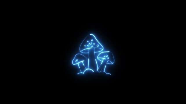 Neon glowing mushroom icon 4k video animation on black background. Mushroom grow in the forest sign.Glowing neon blue color psilocybin mushroom icon animation. 4K Video motion animation.